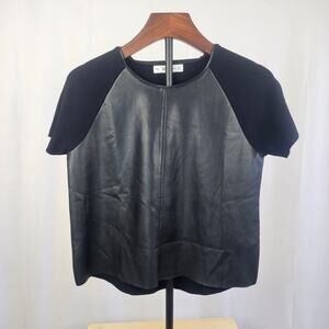 Zara Vegan Leather Faux Leather Knit Back Short Sleeve Top Modern Womens M